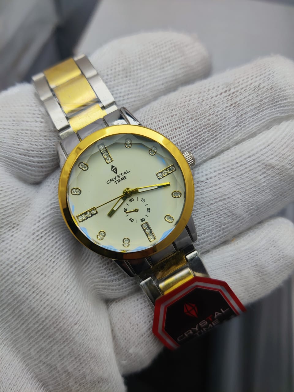 Crystal Time Men’s Luxury Stainless Steel Wrist Watch – Gold & Silver Two-Tone