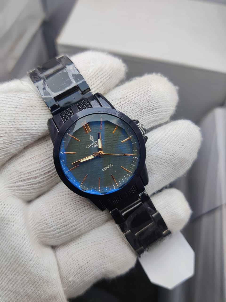 Crystal Time Men’s Luxury Stainless Steel Wrist Watch black Tone