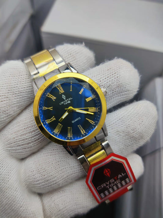 Crystal Time Men’s Luxury Stainless Steel Wrist Watch – Gold & blue Two-Tone