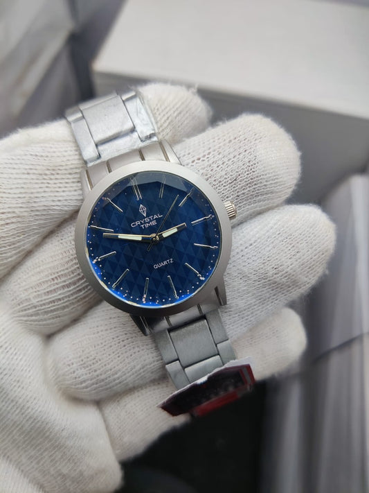 Crystal Time Men’s Luxury Stainless Steel Wrist Watch –Silver & Blue Two-Tone