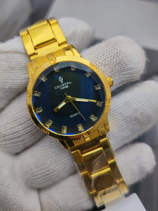 Crystal Time Men’s Luxury Stainless Steel Wrist Watch – Gold &;Blue Two-Tone