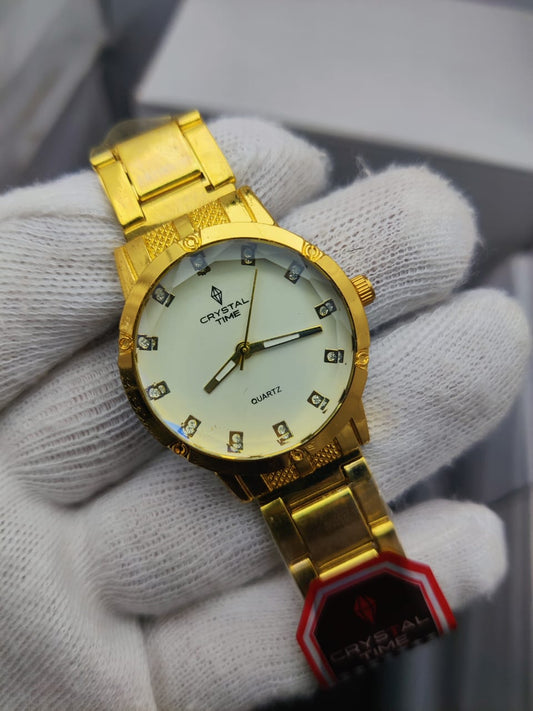 Crystal Time Men’s Luxury Stainless Steel Wrist Watch – Gold &White Two-Tone