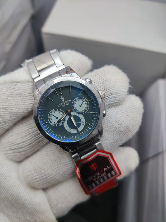 Crystal Time Men’s Luxury Stainless Steel Wrist Watch – Silver&blue  Two-Tone