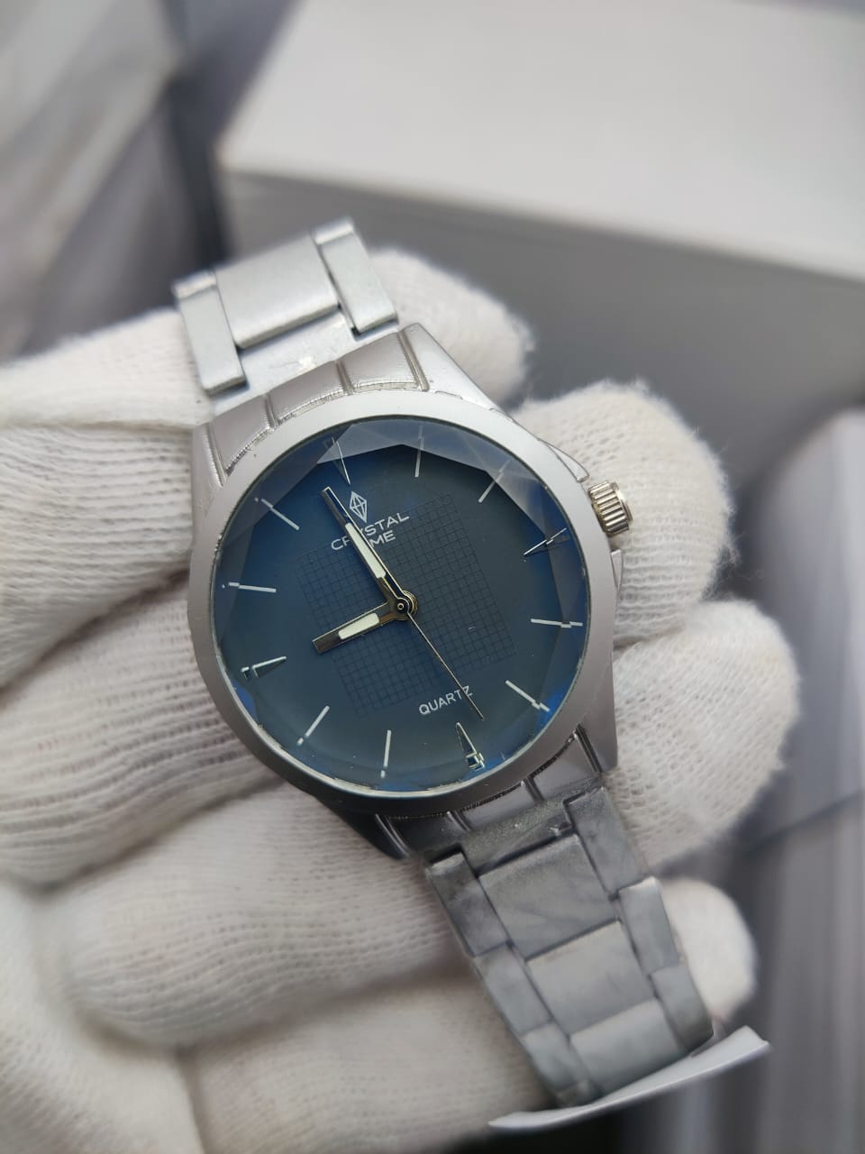 Crystal Time Men’s Luxury Stainless Steel Wrist Watch –  silver & blue  Two-Tone