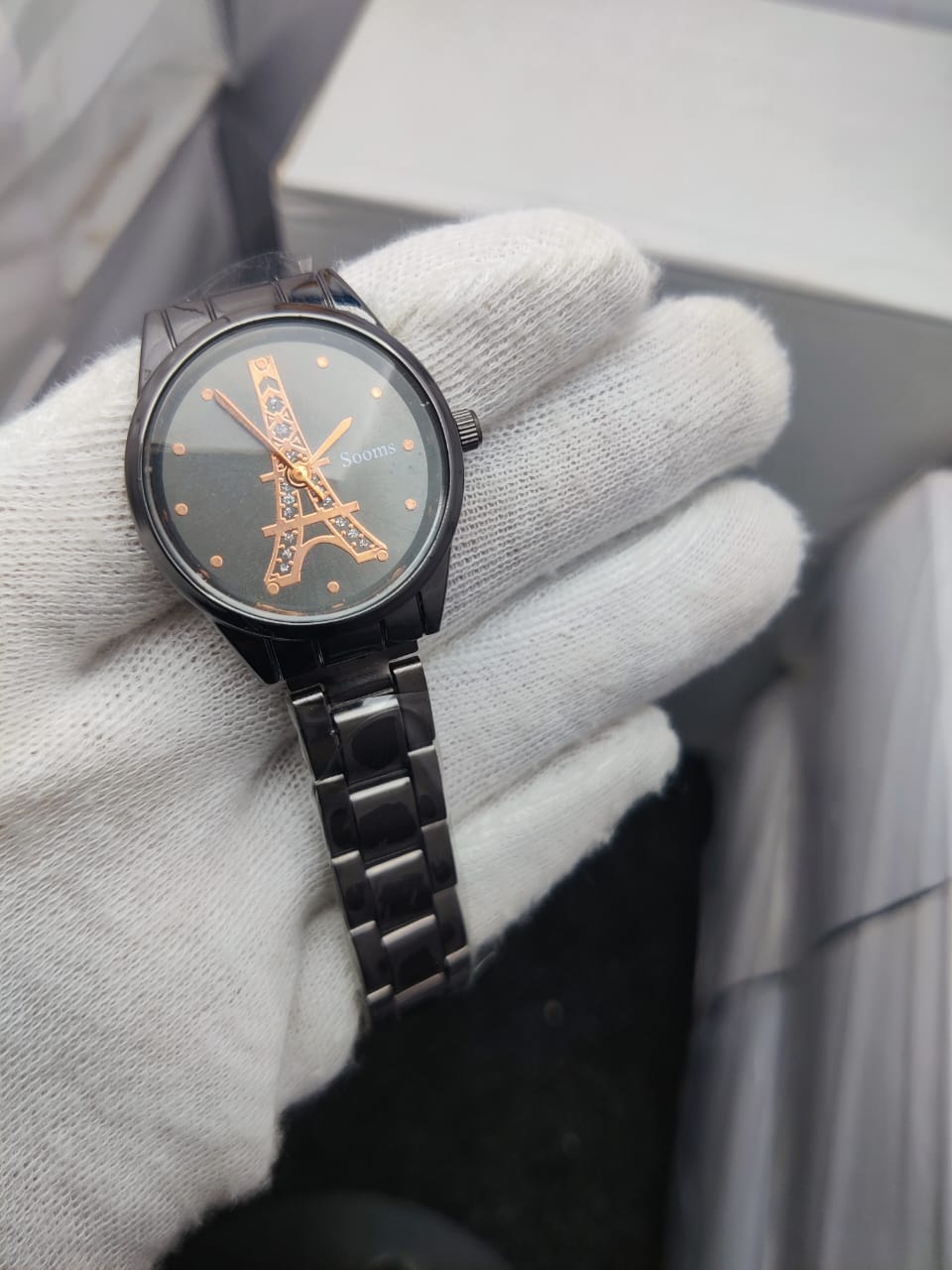 Sooms Chic Black Metal Watch with Rose Gold Eiffel Tower For Women