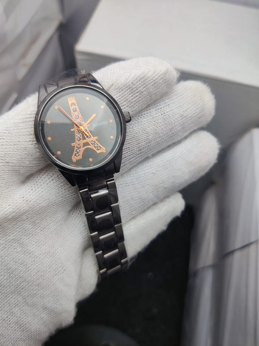 Sooms Chic Black Metal Watch with Rose Gold Eiffel Tower For Women
