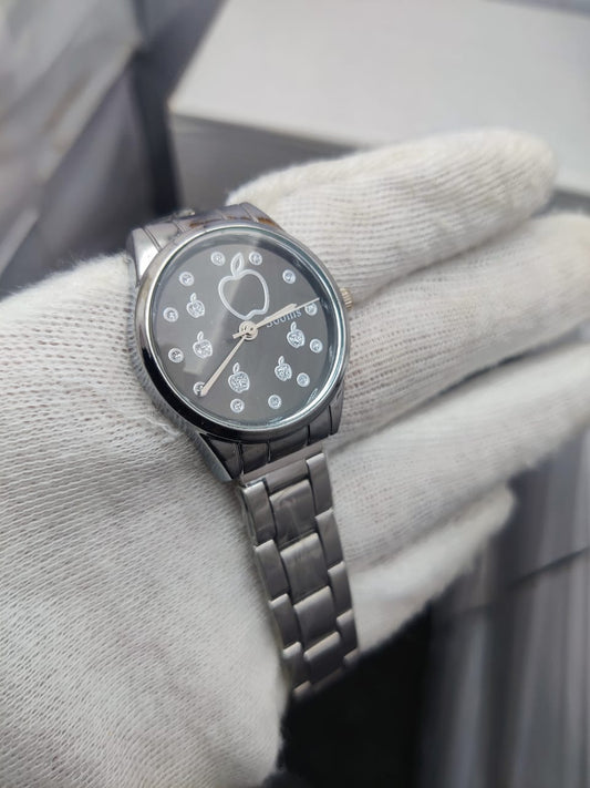 Trendy Black Chain Watch with Rose Gold Hearts for Ladies